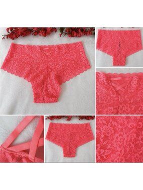 VICTORIA'S SECRET M CHEEKY SUMMER HOT PINK CUT OUT STRAPPY LACE PANTIES NWT